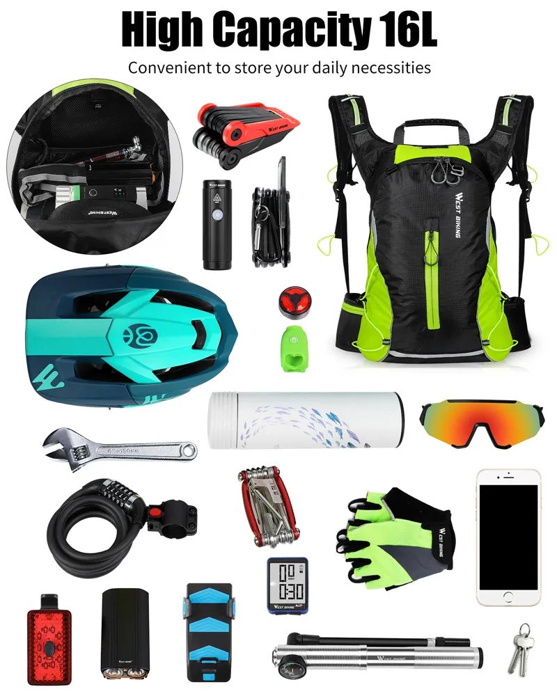 WEST BIKING 16L Fahrradrucksack, tragbar, atmungsaktiv, ultraleicht, Fahrradtasche, Outdoor, Sport, Klettern, Reisen, Wandern, Trinkbeutel