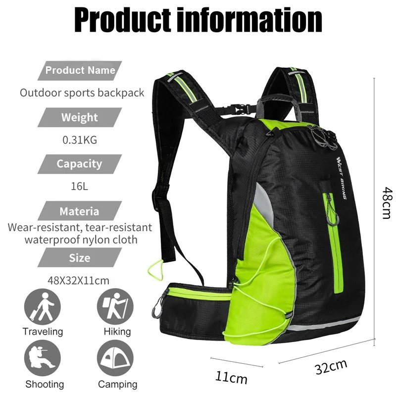 WEST BIKING 16L Fahrradrucksack, tragbar, atmungsaktiv, ultraleicht, Fahrradtasche, Outdoor, Sport, Klettern, Reisen, Wandern, Trinkbeutel
