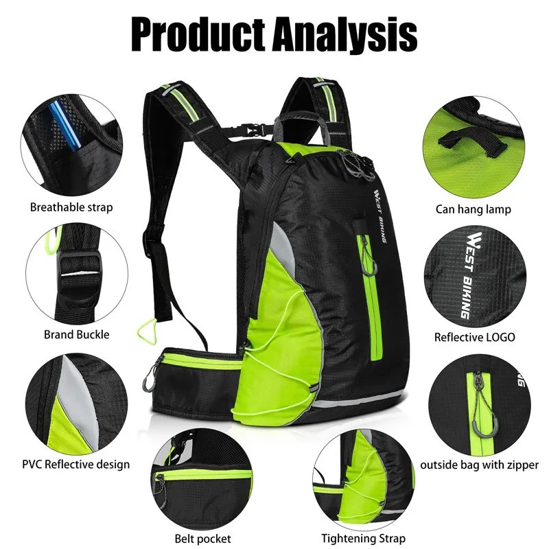 WEST BIKING 16L Fahrradrucksack, tragbar, atmungsaktiv, ultraleicht, Fahrradtasche, Outdoor, Sport, Klettern, Reisen, Wandern, Trinkbeutel
